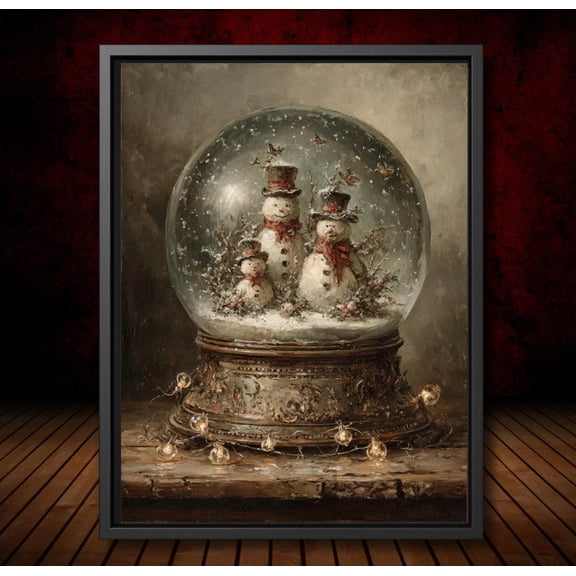 Victorian Snow Globe Art Gothic Snowman Family Under Glass, Vintage Winterwall Decor Nostalgic Seasonal Unframed Paper Print