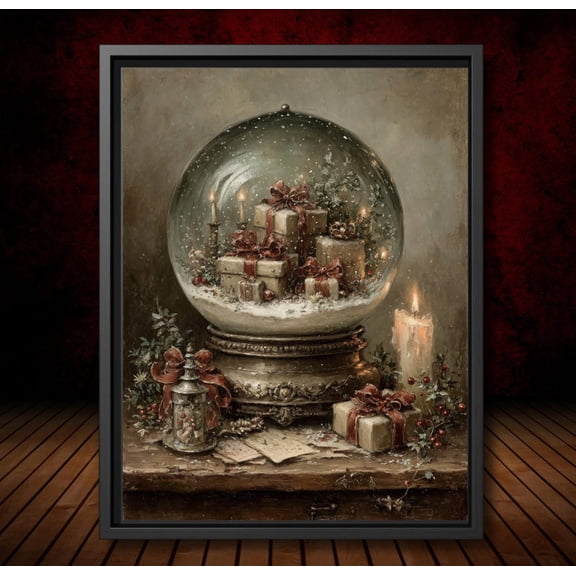 Victorian Snow Globe Art Poster Wrapped Under Glass Dome, Vintage Winterwall Decor Seasonal, Stretched Canvas Size 8x12