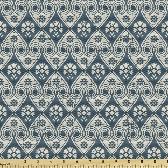 Victorian Sofa Upholstery Fabric by the Yard, Baroque Nostalgia Floral Composition Middle Ages Themed Illustration Print, Decorative Fabric for DIY & Home Accents, 2 Yards, Blue Grey Tan by Ambesonne