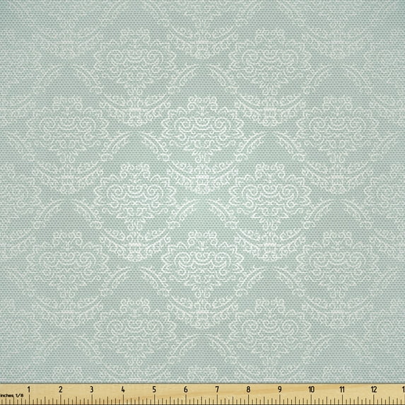 Ambesonne Victorian Fabric by the Yard Upholstery, Baroque Foliage Motifs, 2 Yards, Almond Green and White