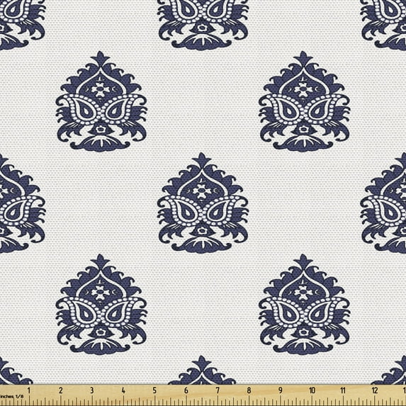 Ambesonne Victorian Fabric by the Yard Upholstery, Monochrome Vintage, 1 Yard, Dark Indigo White