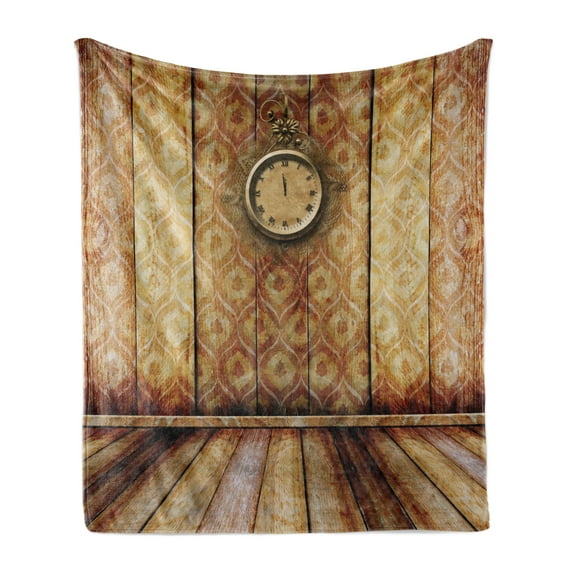 Victorian Soft Flannel Fleece Blanket, Antique Clock on Medieval Style Wall Wooden Floor Classic Architecture Theme Art, Cozy Plush for Indoor and Outdoor Use, 50" x 70", Beige Brown, by Ambesonne