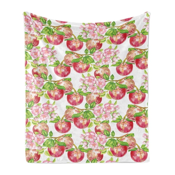 Victorian Soft Flannel Fleece Blanket, Apple Tree in Summer Time with Flowers Nature Scenery Cultural Artwork Print, Cozy Plush for Indoor and Outdoor Use, 50" x 70", Red White Green, by Ambesonne