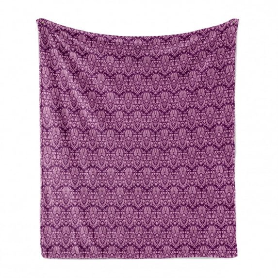 Victorian Soft Flannel Fleece Blanket, Cheery Toned Damask Motif Flower Scrolling Branches and Leaves Rococo, Cozy Plush for Indoor and Outdoor Use, 50" x 60", Purple and Baby Pink, by Ambesonne