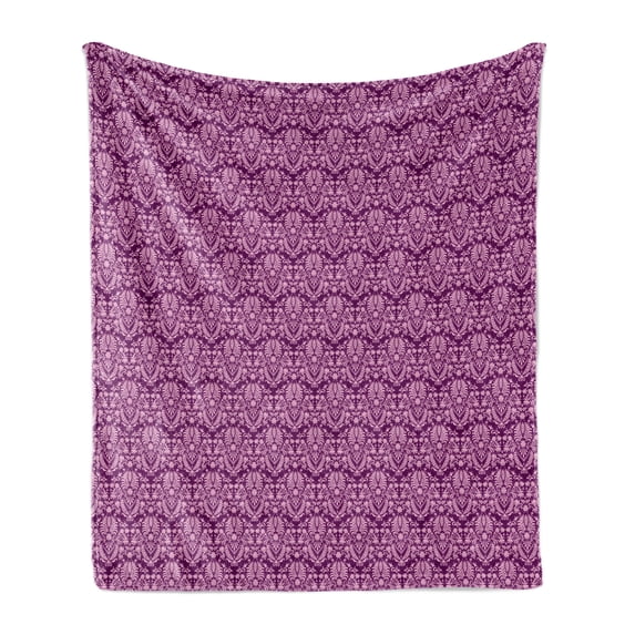 Victorian Soft Flannel Fleece Blanket, Cheery Toned Damask Motif Flower Scrolling Branches and Leaves Rococo, Cozy Plush for Indoor and Outdoor Use, 60" x 80", Purple and Baby Pink, by Ambesonne