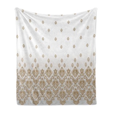Victorian Soft Flannel Fleece Blanket, Damask Motifs in Vintage Romantic Country Style Ombre Elements Floral Art, Cozy Plush for Indoor and Outdoor Use, 50" x 60", Brown Grey White, by Ambesonne