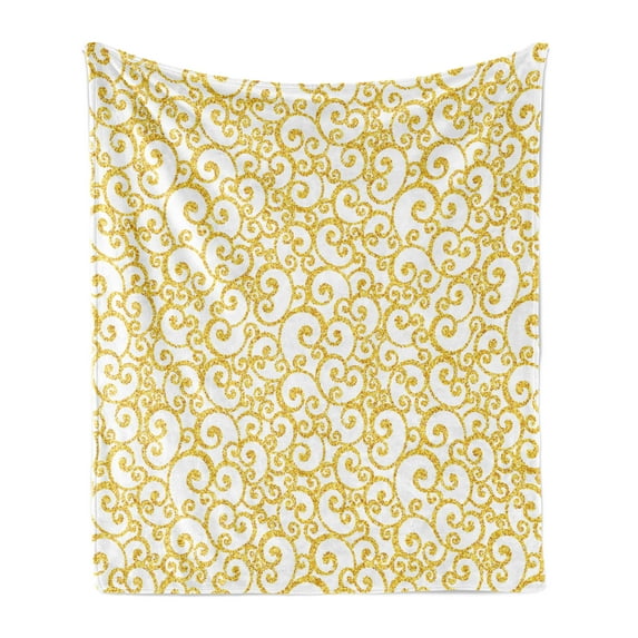 Victorian Soft Flannel Fleece Blanket, Floral Ivy Swirls in Golden Yellow Shade Antique Motif Inspired Art Print, Cozy Plush for Indoor and Outdoor Use, 60" x 80", Yellow and White, by Ambesonne