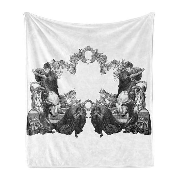 Victorian Soft Flannel Fleece Blanket, Frightened People Antique Sketch Art Floral Arch Flowers Leaves Western Culture, Cozy Plush for Indoor and Outdoor Use, 70" x 90", Black White, by Ambesonne