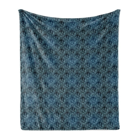 Victorian Soft Flannel Fleece Blanket, Ornamental Renaissance Flourish with Venetian Design in Blue Shades, Cozy Plush for Indoor and Outdoor Use, 50" x 60", Dark Blue and Pale Blue, by Ambesonne