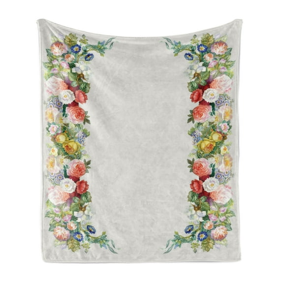 Victorian Soft Flannel Fleece Blanket, Rose Garland Pastel Tones Jasmine Cornflower Bouquet Classic Bloom Graphic, Cozy Plush for Indoor and Outdoor Use, 70" x 90", Red Yellow Green, by Ambesonne