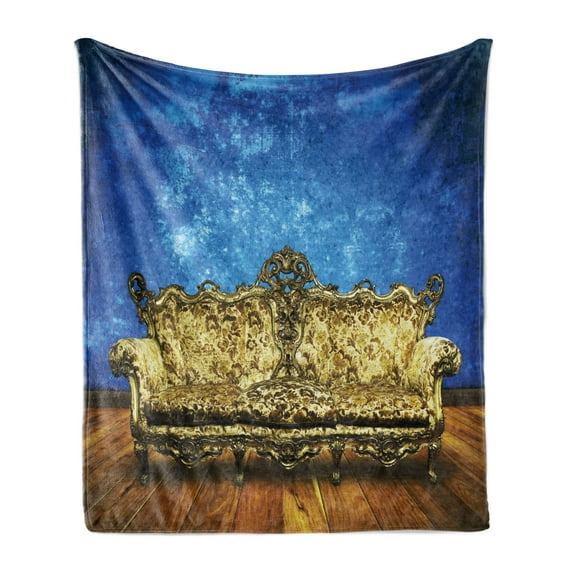 Victorian Soft Flannel Fleece Blanket, Victorian Sofa in Room Interior Wooden Floor Timber Panel Curve Aged, Cozy Plush for Indoor and Outdoor Use, 70" x 90", Brown Yellow Royal Blue, by Ambesonne
