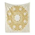 thumbnail image 1 of Victorian Soft Flannel Fleece Blanket, Traditional Floral Round Circle with Baroque Elements Turkish Ottoman Style Art, Cozy Plush for Indoor and Outdoor Use, 50" x 60", Cream Yellow, by Ambesonne, 1 of 5