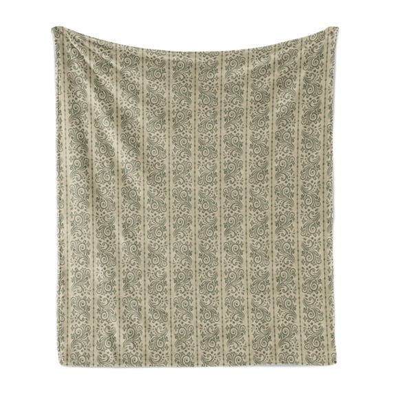 Victorian Soft Flannel Fleece Throw Blanket, Continuous Pattern of Floral Damask Rococo Motif in Vertical Order, Cozy Plush for Indoor and Outdoor Use, 70" x 90", Grey Yellow Sage Green, by Ambesonne