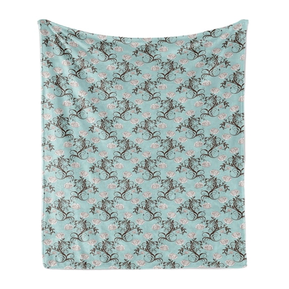 Victorian Soft Flannel Fleece Throw Blanket, Floral Composition with Vintage Inspirations Abstract Swirled Stalks, Cozy Plush for Indoor and Outdoor Use, 50" x 70", Seafoam Brown White, by Ambesonne