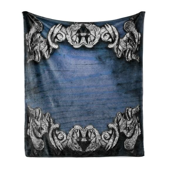 Victorian Soft Flannel Fleece Throw Blanket, Iron Ornament on Wooden Britain Gothic Revival Artwork Peace Print, Cozy Plush for Indoor and Outdoor Use, 50" x 60", Dark Blue Grey, by Ambesonne