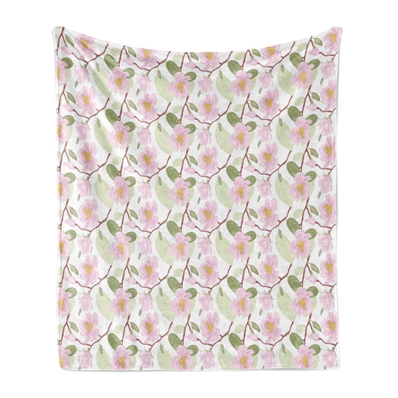 Victorian Soft Flannel Fleece Throw Blanket, Magnolia Tree Branch with Buds and Blossoms Botanical Feminine Bridal Design, Cozy Plush for Indoor and Outdoor Use, 50" x 70", Multicolor, by Ambesonne
