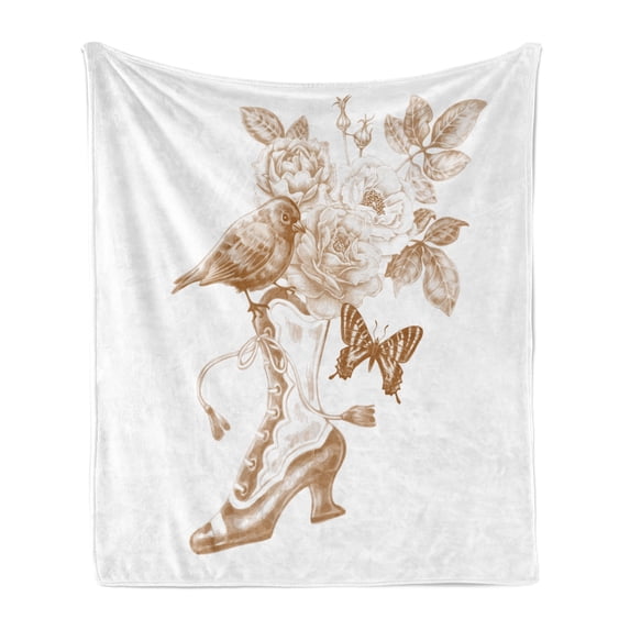 Victorian Soft Flannel Fleece Throw Blanket, Nostalgic Boots Roses Butterfly and Bird British Trend Upper Class Shoe Art, Cozy Plush for Indoor and Outdoor Use, 70" x 90", Brown White, by Ambesonne