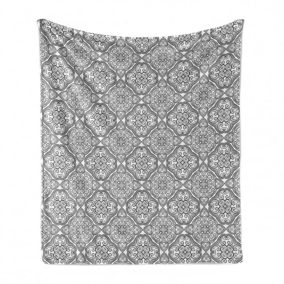 Victorian Soft Flannel Fleece Throw Blanket, Vintage Monochrome Style Damask Themed Tile Ornamental Design on Repetition, Cozy Plush for Indoor and Outdoor Use, 50" x 70", Dimgray White, by Ambesonne