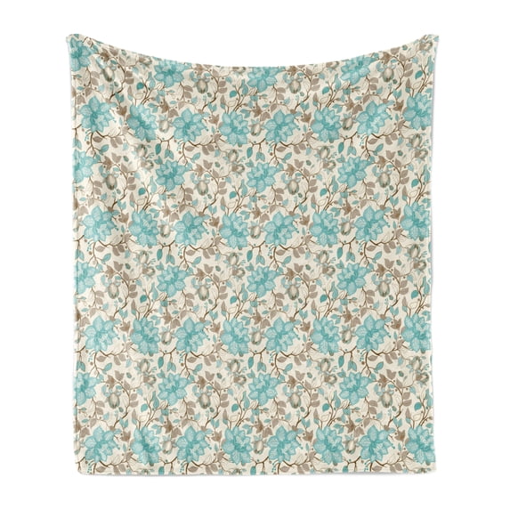 Victorian Soft Flannel Fleece Throw Blanket, Vintage Pattern with Delicate Flowers on Leafy Branches, Cozy Plush for Indoor and Outdoor Use, 70" x 90", Eggshell Cadet Blue, by Ambesonne