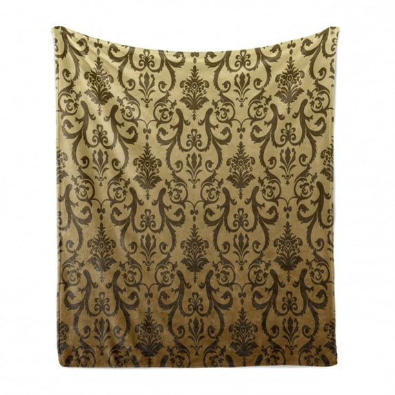 Victorian Soft Flannel Fleece Throw Blanket, Vintage Times Classic Design with Floral Leaf Like Artwork Print, Cozy Plush for Indoor and Outdoor Use, 70" x 90", Cream Tan Umber, by Ambesonne
