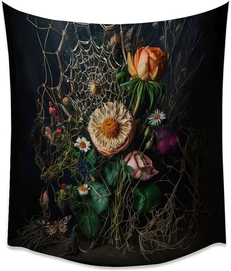 Victorian Spiderweb Floral Wall Tapestry Dark Academia Gothic Botanical ...
