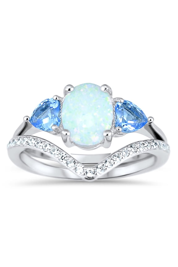 Victorian Sterling Silver White Opal Purple CZ Wedding Engagement Ring Set for Women Size 6