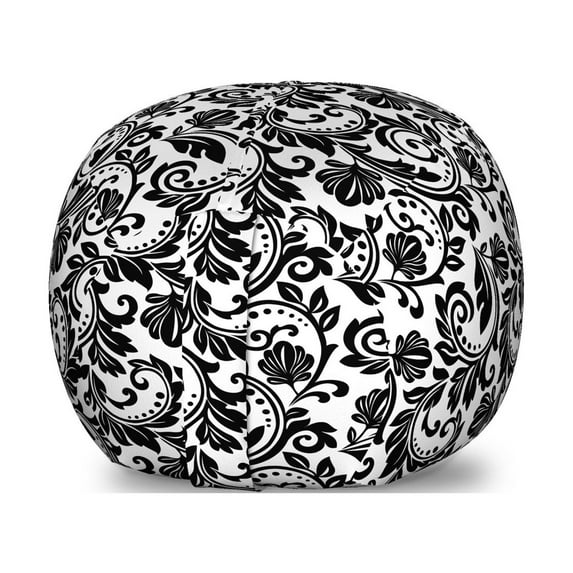 Victorian Storage Toy Bag Chair, Damask Style Baroque Swirly Floral Vintage Rococo Minimalism Inspired Graphic, Stuffed Animal Organizer Washable Bag, Large Size, Black White, by Ambesonne
