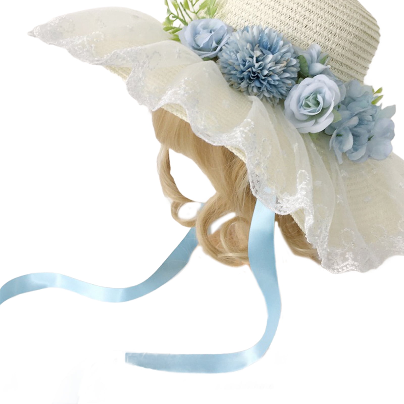 Victorian Straw Bonnet Hat Sun Protective Hat Lace Flower Vacation Fisherman Hat Teaparty Hat Lady Headwear