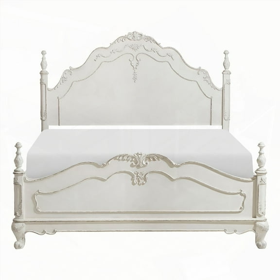 Victorian Style 1pc Antique White Full Bed with Classic Look Posts and Floral Motif Carving from Vietnam