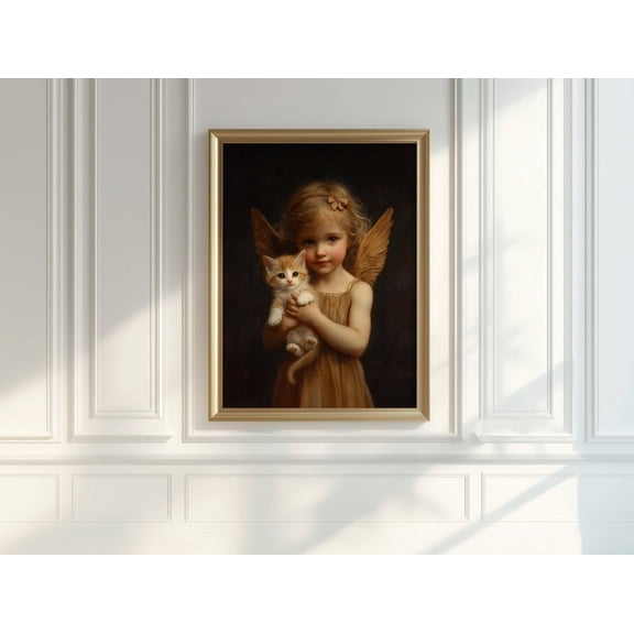Victorian Style Angel And Kitten Poster, Whimsical Cat Home Decor, Floral Wall Art,, Unframed Poster Size 24x36
