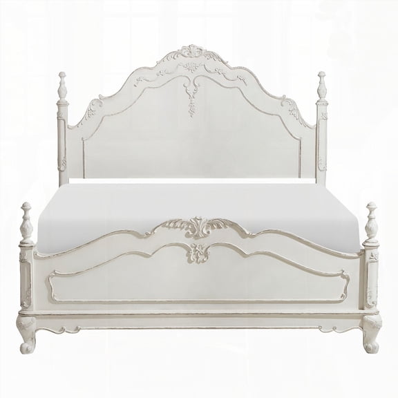 Victorian Style Antique White Full Bed with Traditional Floral Motif Carving and Classic Look Posts - 1pc Bedroom Furniture from Vietnam
