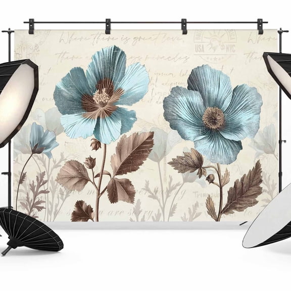 Victorian Style Backdrop for Photography, Blue Retro Poppy Flower Plant Photo Backdrop Portrait Background Party Banner Photo Backgrounds for Studio Booth Props, 12x8ft