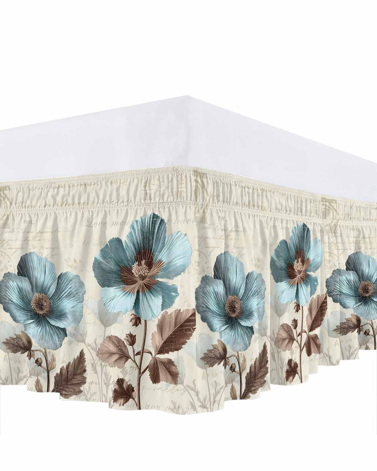 Victorian Style Bed Skirt King Size 18" Drop Blue Retro Poppy Flower Plant Ruffled Wrap Around Bed Skirts Adjustable Elastic Bedskirt Dust Ruffle for King Size Bed