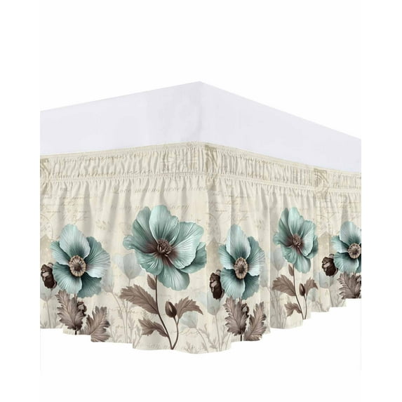 Victorian Style Bed Skirt Queen Size 18" Drop Vintage Blue Flowers Broccoli Ruffled Wrap Around Bed Skirts Adjustable Elastic Bedskirt Dust Ruffle for Queen Size Bed