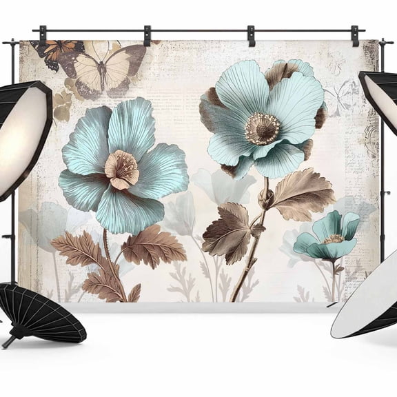 Victorian Style Broccoli Butterfly Backdrop for Photography, Blue Flowers Plant Photo Backdrop Portrait Background Party Banner Photo Backgrounds for Studio Booth Props, 7x5ft