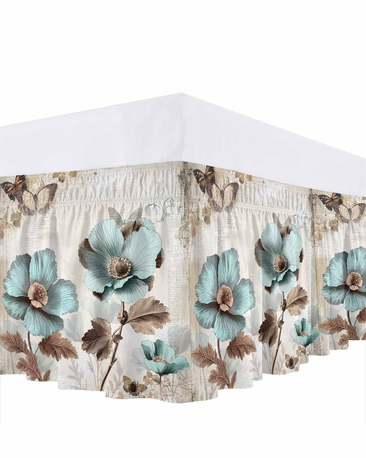Victorian Style Broccoli Butterfly Bed Skirt Blue Flowers Plant Bed Skirts Queen Size 16 Inch Drop, Wrap Around Dust Ruffle&nbsp;Bedskirt with Adjustable Elastic Belt for Queen Size Beds