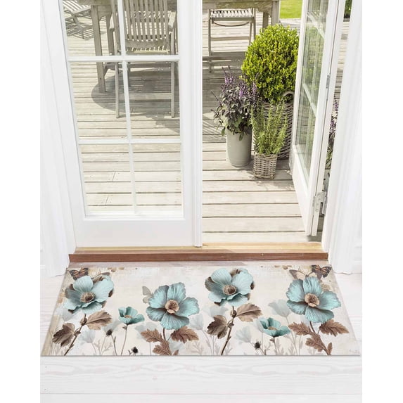 Victorian Style Broccoli Butterfly Front Door Mat Blue Flowers Plant Welcome Doormat Indoor Outdoor Entrance Floor Mat Non-Slip Washable Runner Rug for Front Porch Decor 18x60 Inch