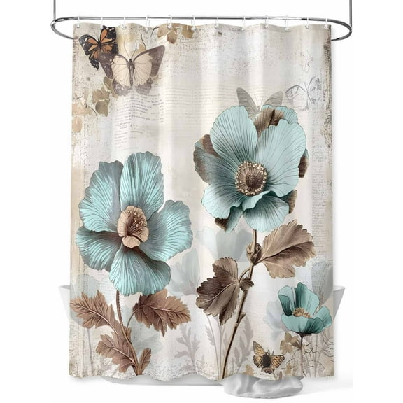 Victorian Style Broccoli Butterfly Shower Curtain, Blue Flowers Plant Waterproof Shower Curtain Set with 12 Hooks Lightweight Washable Fabric Shower Curtains for Bathroom 48x72 Inches