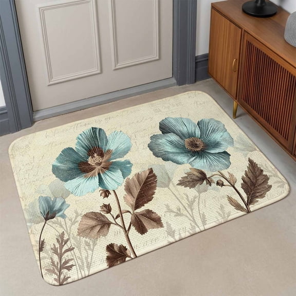 Victorian Style Front Door Mat Indoor Entrance, Blue Retro Poppy Flower Plant Absorbent Dirt Resist Welcome Mats Non-Slip Low-Profile Doormat Washable Entry Rug Indoor Outdoor 17x30 Inch
