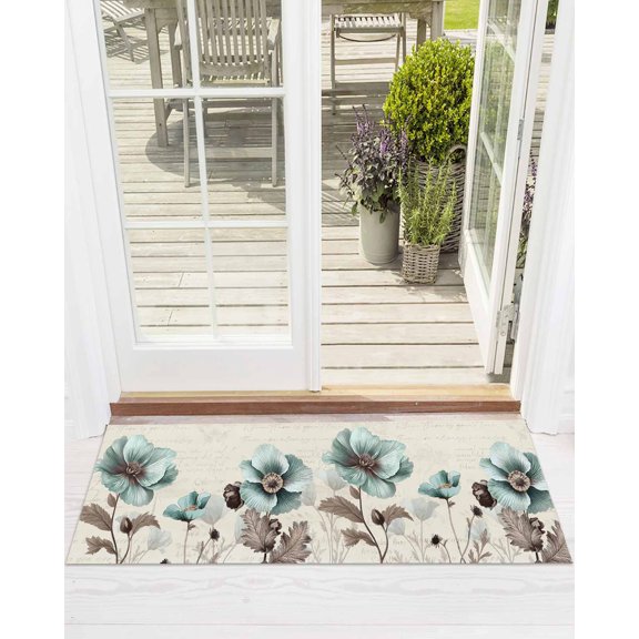 Victorian Style Front Door Mat Vintage Blue Flowers Broccoli Welcome Doormat Indoor Outdoor Entrance Floor Mat Non-Slip Washable Runner Rug for Front Porch Decor 18x60 Inch