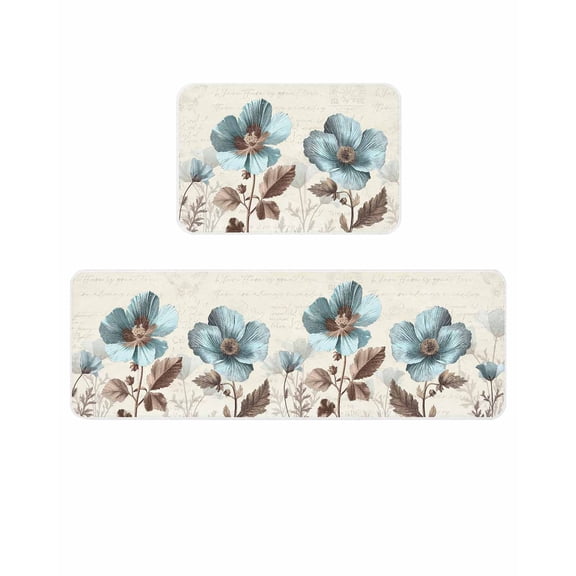 Victorian Style Kitchen Mats for Floor 2 Piece, Blue Retro Poppy Flower Plant Absorbent Non-Slip Kitchen Rugs Comfort Standing Mat for Laundry, Hallways 23.6"x35.4"+23.6"x70.9"