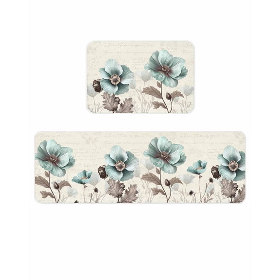 Victorian Style Kitchen Mats for Floor 2 Piece, Vintage Blue Flowers Broccoli Absorbent Non-Slip Kitchen Rugs Comfort Standing Mat for Laundry, Hallways 20"x24"+20"x48"