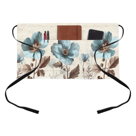 Victorian Style Kitchen Restaurant Half Waist Apron, Blue Retro Poppy Flower Plant Server Short Apron with 3 Pockets Waterproof Oil Waist Aprons for Women Waitress Waiter