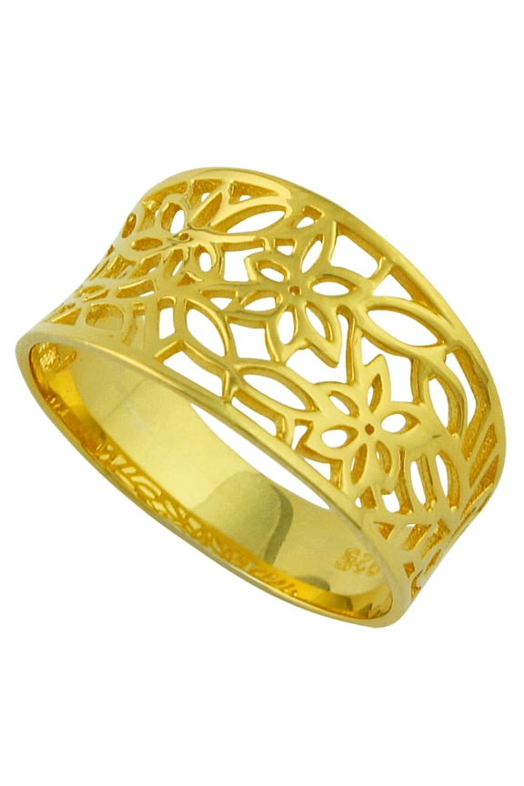 Victorian Style Leaf Filigree Vintage Ring Yellow Gold-Tone Plated Sterling Silver Size 6