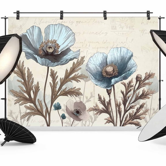 Victorian Style Poppy Backdrop for Photography, Blue Flowers Plant Photo Backdrop Portrait Background Party Banner Photo Backgrounds for Studio Booth Props, 12x8ft