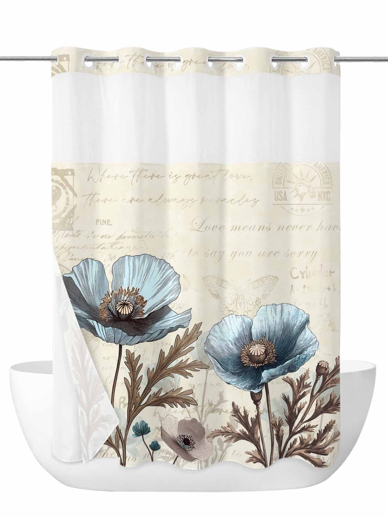 Victorian Style Poppy No Hook Shower Curtain and Liner Set Blue Flowers