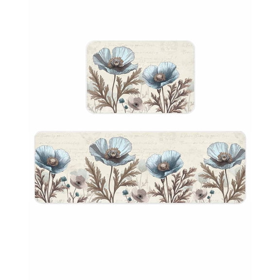 Victorian Style Poppy Kitchen Mats for Floor 2 Piece, Blue Flowers Plant Absorbent Non-Slip Kitchen Rugs Comfort Standing Mat for Laundry, Hallways 19.7"x31.5"+19.7"x47.2"