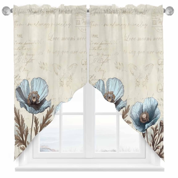 Victorian Style Poppy Swag Valances for Windows 2 Pack Blue Flowers Plant Swag Kitchen Curtains 63 Inches Long Rod Pocket Short Window Treatment for Kitchen Bathroom 36"x63"