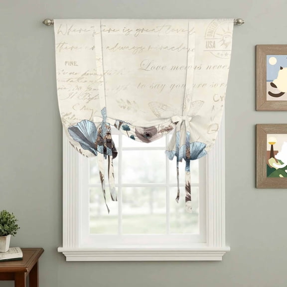 Victorian Style Poppy Tie Up Curtain 45 Inches Long, Blue Flowers Plant Balloon Style Kitchen Window Curtain Over Sink, Small Window Rod Pocket Curtain 52"x45"