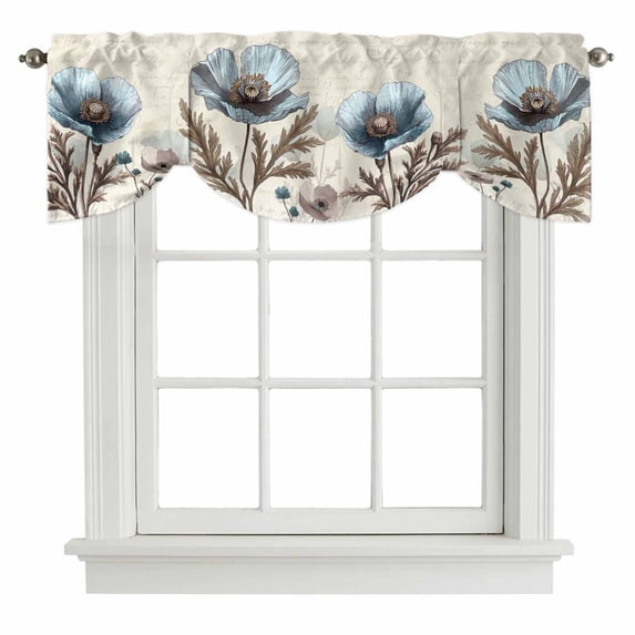 Victorian Style Poppy Tie Up Window Valance Blue Flowers Plant Tie-up Valance for Kitchen Windows Adjustable Small Curtain Balloon Shades for Kitchen Bathroom Cafe 60x18inch
